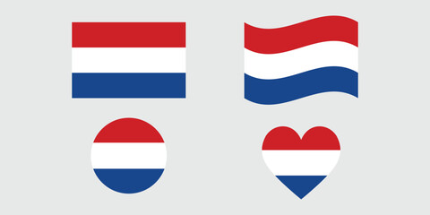 Variations of the Netherland flag design a rectangular flag, a waving flag, and a heart shaped flag.