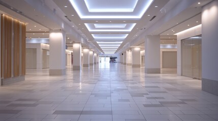 Minimalist shopping center interior with clean walkways and soft lighting, embodying modern elegance and spacious simplicity.
