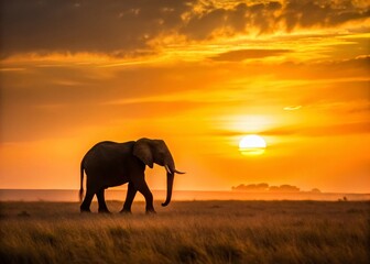 Naklejka premium Minimalist African Elephant Landscape: Lone Elephant Silhouette at Sunset