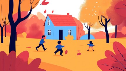 Happy children playing in autumn park near house
