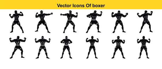 Vector illustration of a boxer stand with pose vector silhouette isolated on white background. Black and white vector silhouette of a boxer stand with pose.