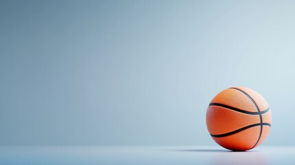 A single, orange basketball sits against a muted, blue background