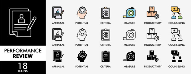 PERFORMANCE REVIEW icon set with various styles and colors  appraisal, potential, criteria, measure, productivity, and counseling icons