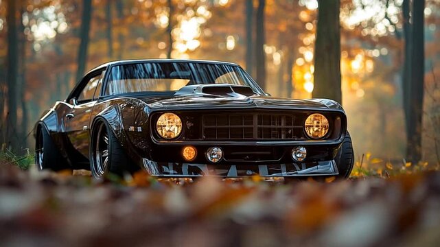 Black muscle car in autumn forest; scenic fall backdrop; photo for automotive magazine