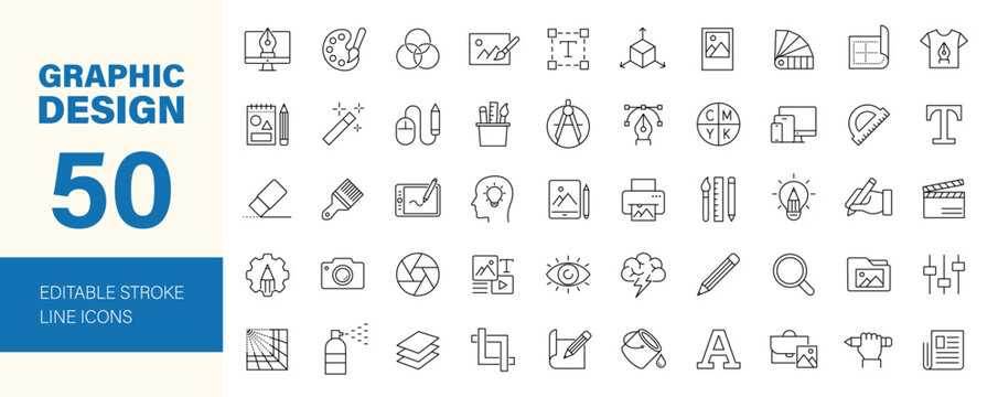 Graphic design icon set. Containing digital art, creativity, drawing, portfolio, idea, web design, designer, stationary, software, tools, drawing and more. Editable line icons. Vector illustration.