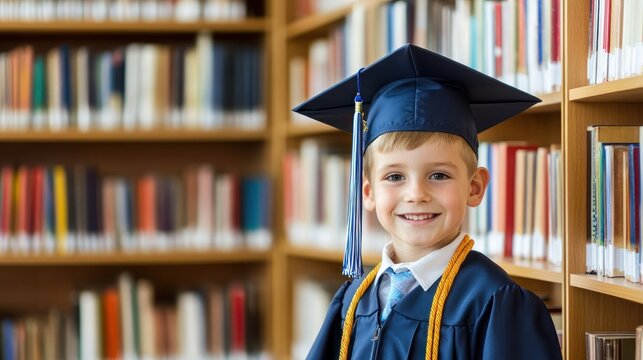 Boy in graduation gown at the library