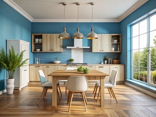 Fototapeta premium Minimalist Farmhouse Kitchen: Blue Walls, Wooden Table & Chandelier