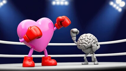 Heart and brain boxing match in ring; love vs. intelligence; 3D illustration for conceptual;  use in education or design