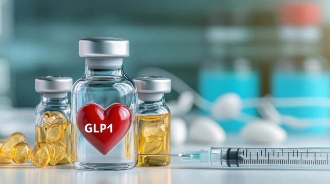 Glp 1 medication vials and capsules with heart symbol