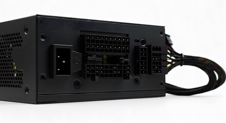 Fototapeta premium A close up of the back of a black computer power supply with various connectors and cable bundle