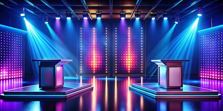 Minimalist Game Show Stage: Flashing Lights & Podiums - Stock Photo