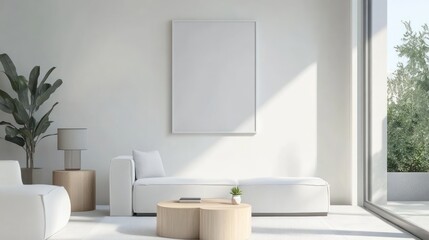 Fototapeta premium Modern minimalist living room interior design with white sofa and sunlight