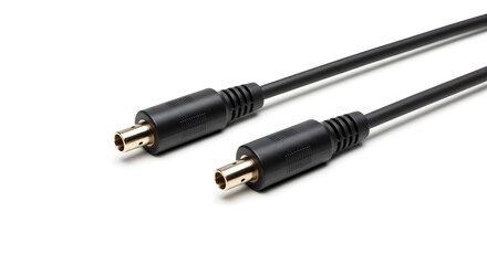 Close up of two black din cables with gold pins on a white background in a studio setting