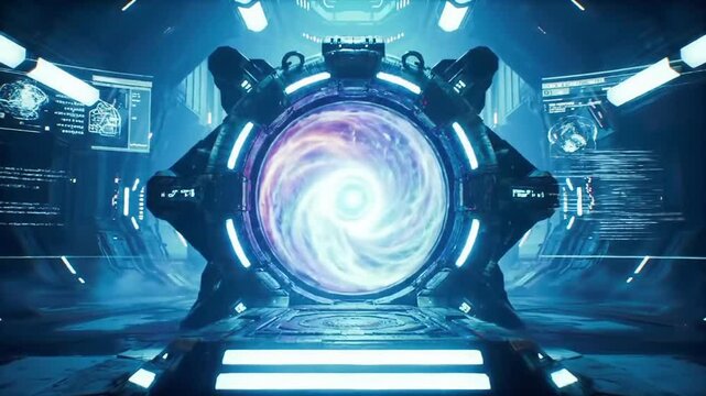 Futuristic portal in high tech space for technology science fiction or video game advertising