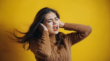 Stressed woman covering her ears from the loud noise