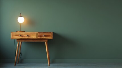 Minimalist wooden desk with warm glow, green backdrop, clean and spacious design. Serene simplicity in a modern workspace.

