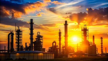 Obraz premium Minimalist Oil Refinery Silhouette at Sunset, Industrial Energy Banner