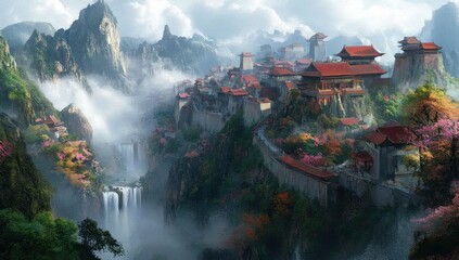 a breathtaking asian inspired mountain village nestled amidst cascading waterfalls and mist shrouded peaks offering a serene and majestic landscape view
