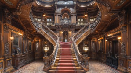 Obraz premium Ornate wooden staircase with red carpet ascends in a luxurious historic interior setting.