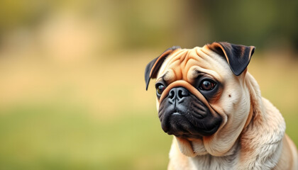Fototapeta premium Pug dog portrait purebred isolated on a blurred background banner for the site. Panorama. Blurred space for text, origami. isolated with white highlights
