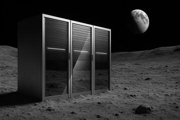A sleek, glass‑fronted server rack stands alone on a barren, gray lunar landscape - Generative AI