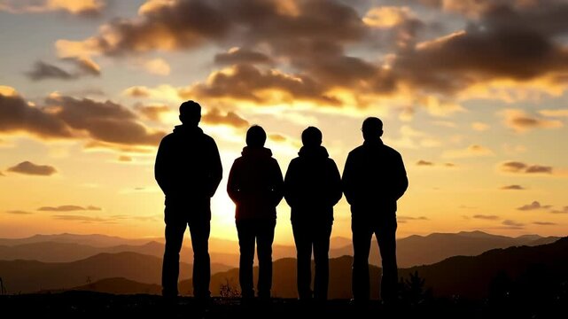 Silhouette of Four Friends Watching a Breathtaking Sunset in the Mountains Evoking a Sense of Togetherness
