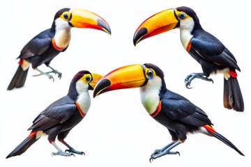 Minimalist Tropical Toucan Portraits: Sitting & Flying Birds Isolated on White
