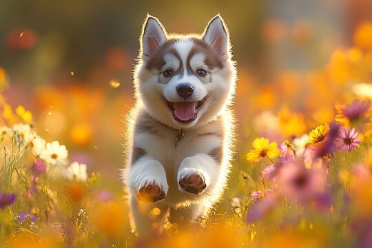 Joyful Siberian Husky puppy leaps through vibrant wildflowers in golden light. Perfect for pet care, spring themes, and cheerful campaigns. Freedom, happiness, nature.