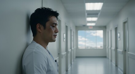 Fototapeta premium Man in white shirt leaning against wall in hospital hallway with window at the end of the hall