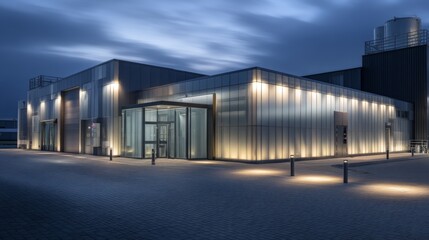 Obraz premium Modern industrial facility with clean lines and soft lighting, showcasing efficiency and contemporary design. 