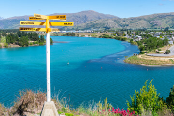 Central Otago town of Cromwell on bend in turquoise  Clutha and Kawarau Rivers in Central Otago New Zealand.