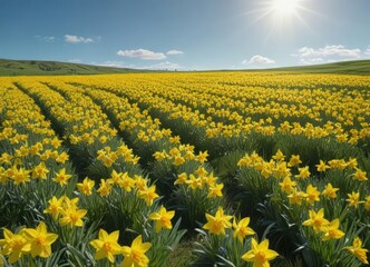 Fototapeta premium A carpet of cheerful yellow daffodils blankets a lush green field, bathed in sunlight against a clear blue sky , green, wallpaper, botany