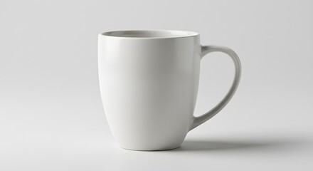 Fototapeta premium A simple white ceramic mug with a handle on a plain white background in a studio setting style