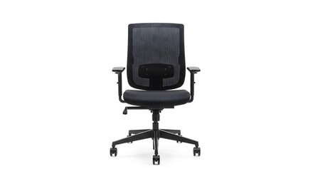 A front view of a black office chair with mesh back and armrests on a white isolated background