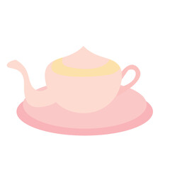 Cute pastel pink teapot illustration on a saucer, perfect for tea time graphics, cozy kitchen themes, or vintage decor designs.