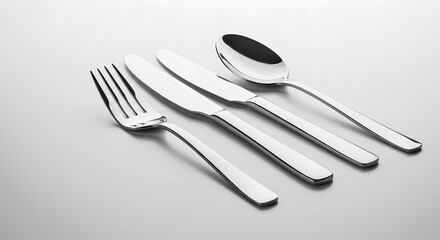 A shiny set of silverware including a fork two knives and a spoon arranged on a light surface