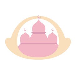 Minimal pink mosque with crescent domes, ideal for Ramadan, Islamic celebration graphics, spiritual themes, or religious vector design usage.