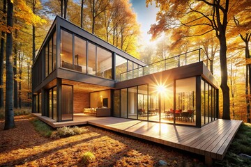 Fototapeta premium Modern Autumn House: Large Windows & Forest View Stock Photo