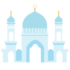 An artistic illustration of a light blue mosque with a large central dome, two minarets, and a crescent moon symbol on top.