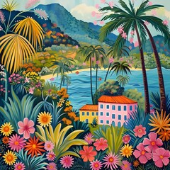 Obraz premium Casitas de Colores y Flores Tropicales