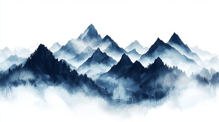 Majestic blue mountain landscape shrouded in mist, creating a serene and tranquil atmosphere.