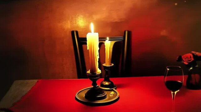 Intimate candlelit dinner setup with wine and roses, creating a romantic atmosphere