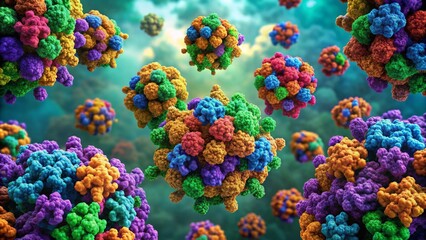 Fototapeta premium A vibrant microscopic view of colorful protein clusters interacting, exhibiting intricate molecular structures and complex three-dimensional formations