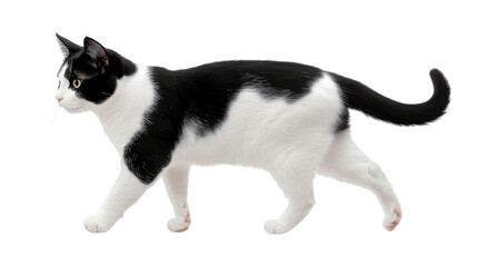 black and white cat walking, isolated on white background