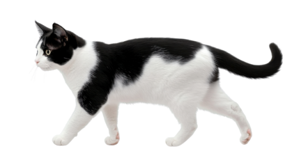 black and white cat walking, isolated on white background