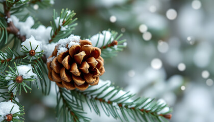 Closeup of pine cone on fir tree branch under snow. Winter holiday banner design with copyspace. Christmas and new year holiday background, papercraft. isolated with white highlights