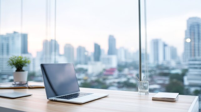 Modern workspace with city view, embodying productivity and minimalist elegance

