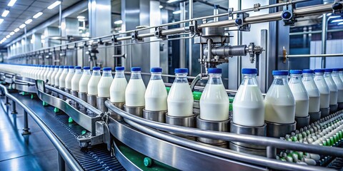 Modern Dairy Factory: Automated Milk Bottling and Packaging Line