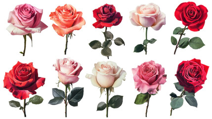 Set of Fresh Roses in Various Colors Isolated on White Background