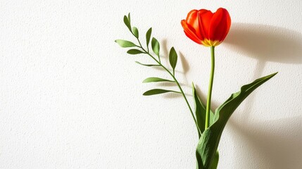 Fototapeta premium Bright Red Tulip Flower with Green Leaves Against Minimalist White Background